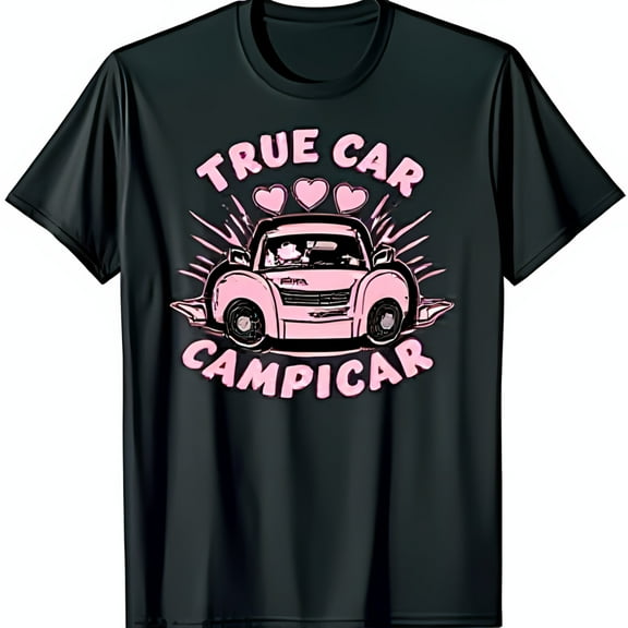 Black T-Shirt with Pink Car and Heart Design True Car Campicar Graphic Tee