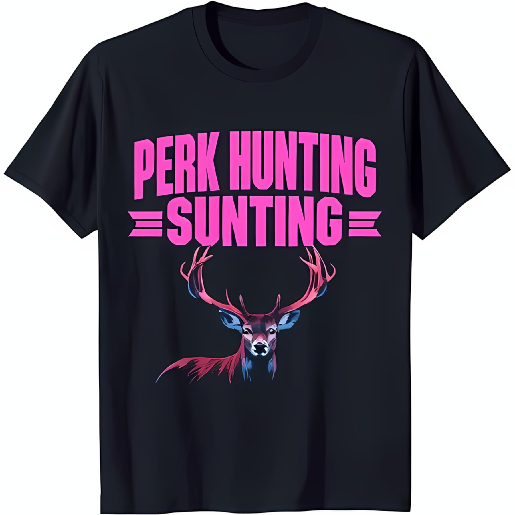Black TShirt with Pink Deer & Antlers 'Perk = Suntine =' Design
