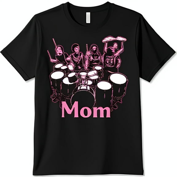 Black T-Shirt with Pink Drum Set Graphic & MOM Design for Drummers