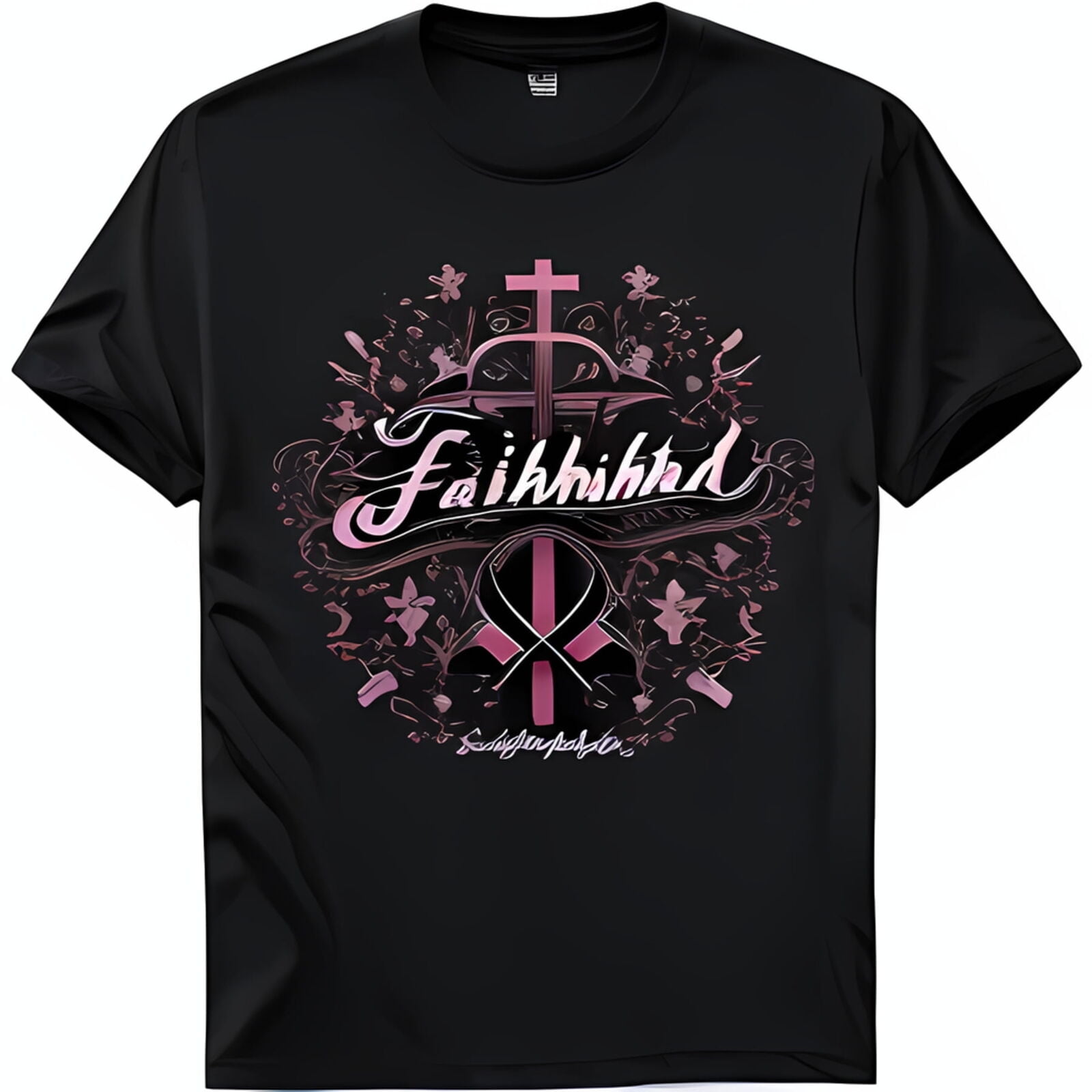 Black TShirt with Pink Faith Design Cross and Floral Ribbon Graphic