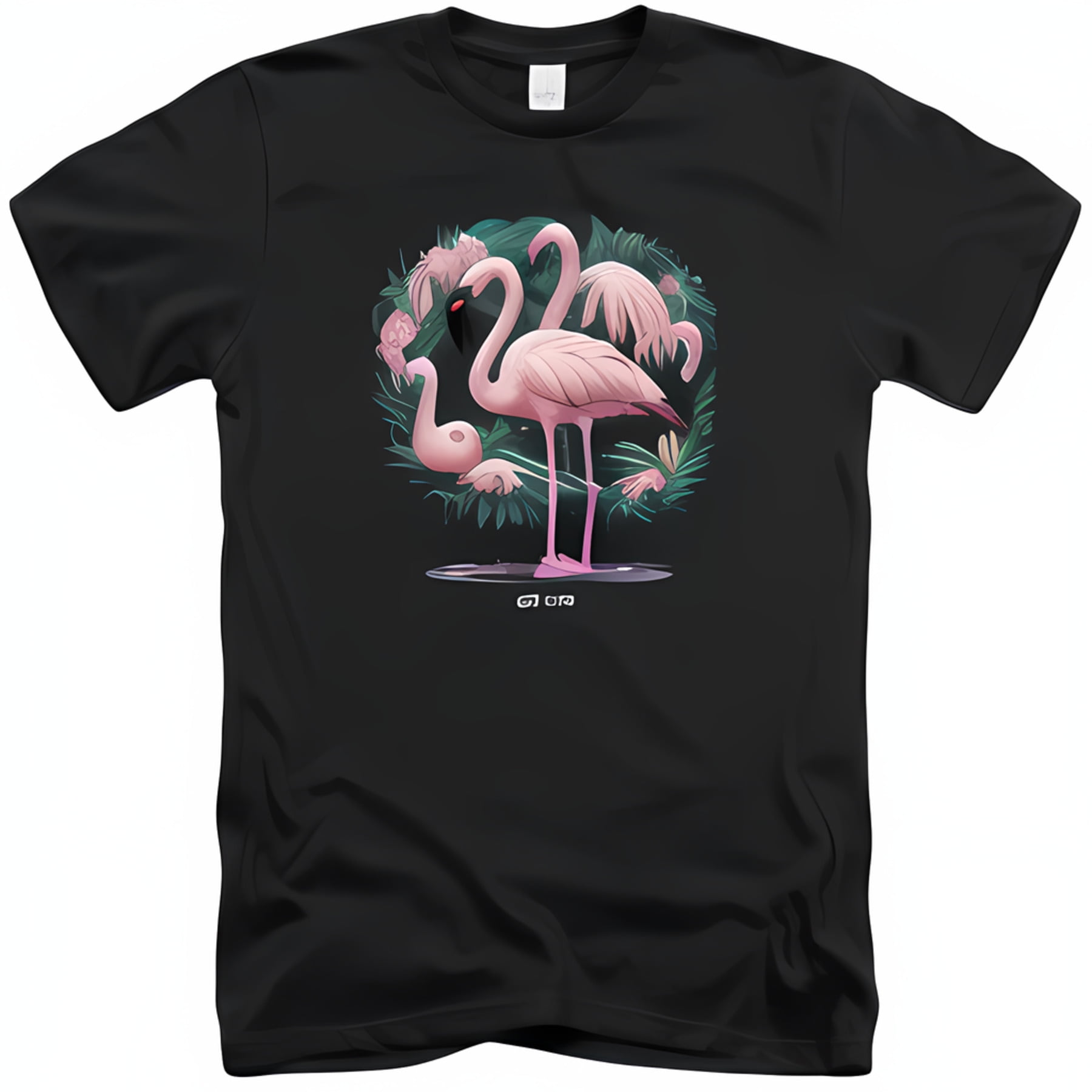 Black T-Shirt with Pink Flamingos and Tropical Rain Forest Background ...