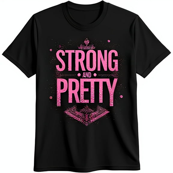 Black T-Shirt with Pink Glitter Strong and Pretty Graphic Crown & Star Design