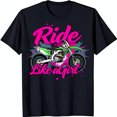Black TShirt with Pink & Green 'Ride Like a Girl' Dirt Bike Graphic