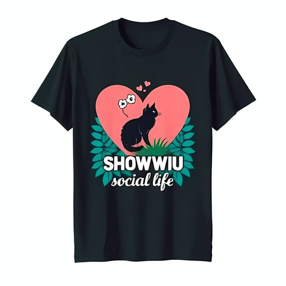 Black T-Shirt with Pink Heart & Black Cat Design 'SHOWWIU Social Life' Cute Graphic Tee