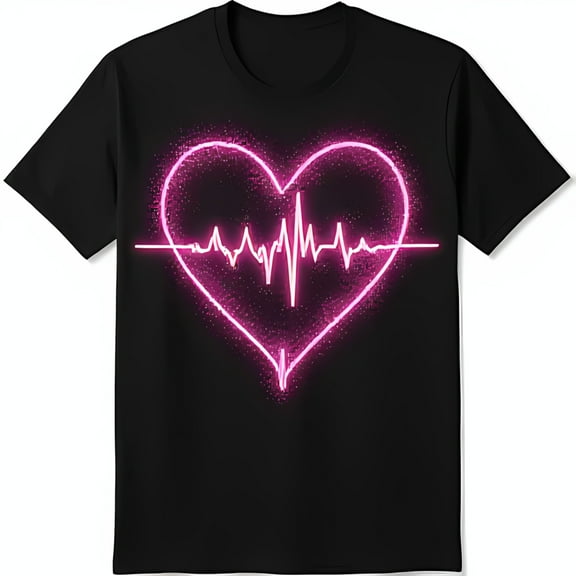 Black T-Shirt with Pink Heart Design & EKG Line Stylish Graphic Tee