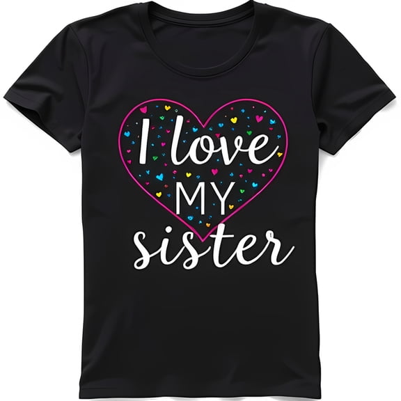 Black T-Shirt with Pink Heart Design & Multicolored Hearts 'I Love My Sister' Graphic Tee
