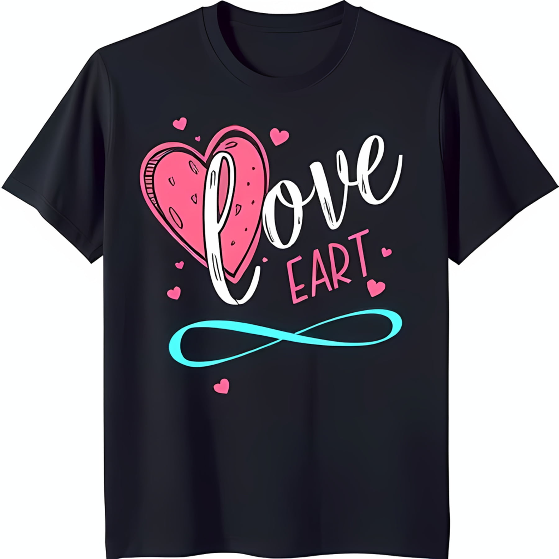 Black T-Shirt with Pink Heart & 'Love Earth' Cursive Design Symbol ...