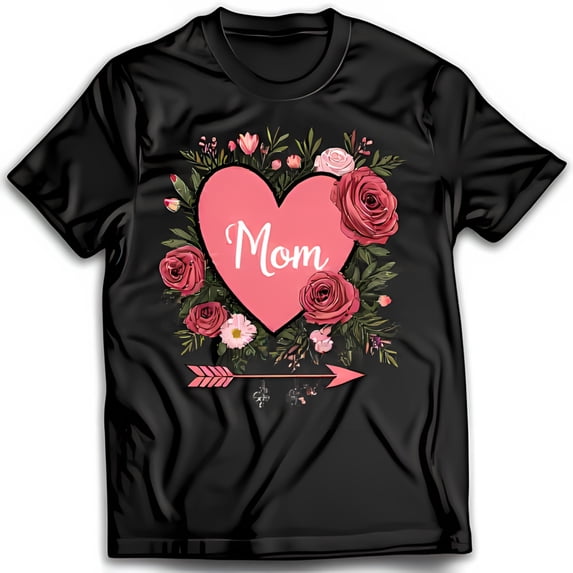 Black T-Shirt with Pink Heart & Mom Inscription Surrounded by Roses & Arrow