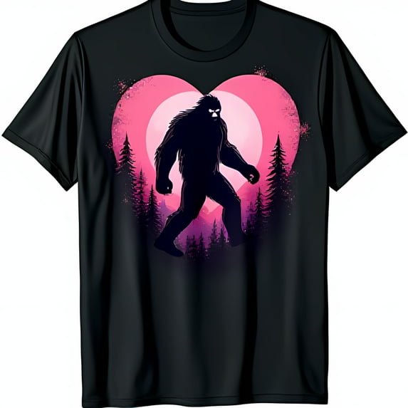 Black T-Shirt with Pink Heart Sasquatch Graphic Forest Adventure Design
