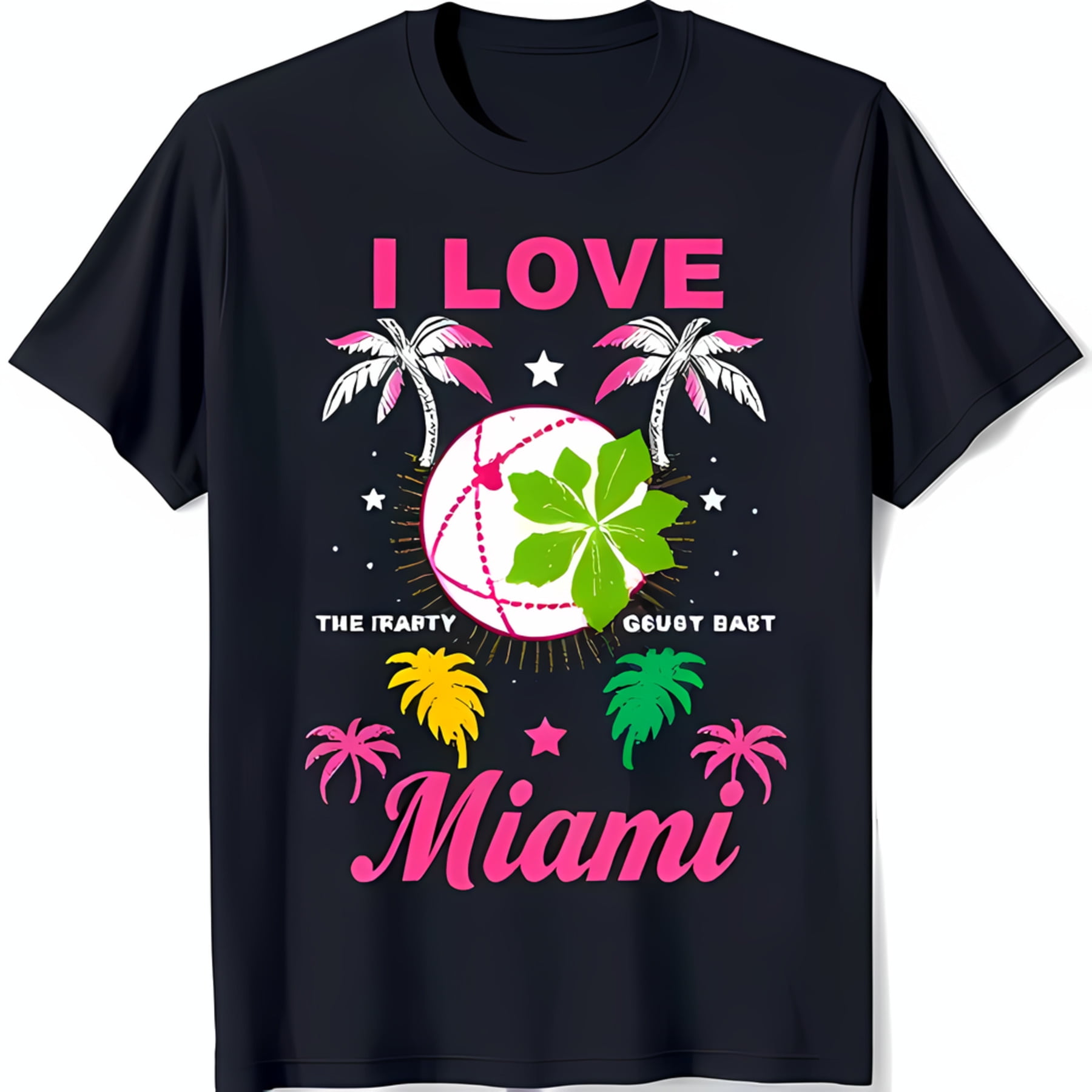 Black TShirt with Pink 'I LOVE Miami' Graphic Trees & Beach Ball