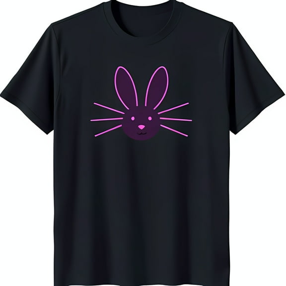 Black T-Shirt with Pink Outline Rabbit Face Design Closed Eyes & Whiskers