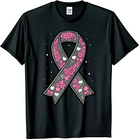 Black T-Shirt with Pink Ribbon & Roses Graphic