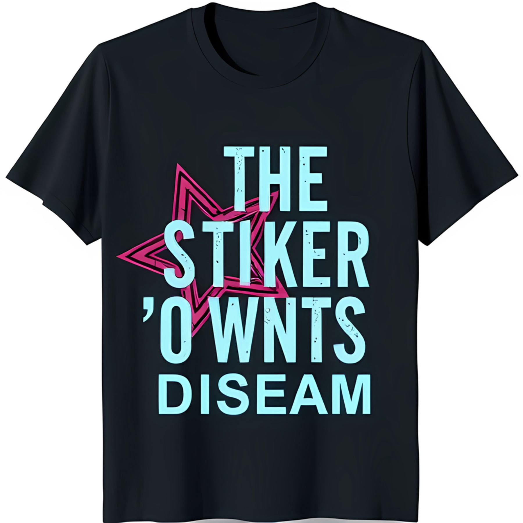 Black TShirt with Pink Star Graphic and 'THE STIKER 'OWNTS DISEAM