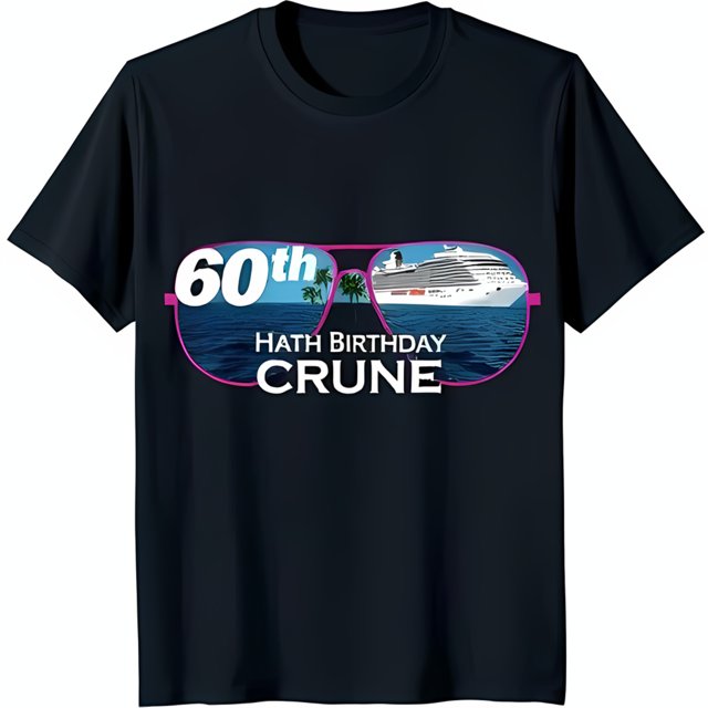 Black TShirt with Pink Sunglasses Design Cruise Ship Trees & Ocean