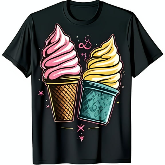 Black T-Shirt with Pink & Yellow Ice Cream Cones White S & Stars Design