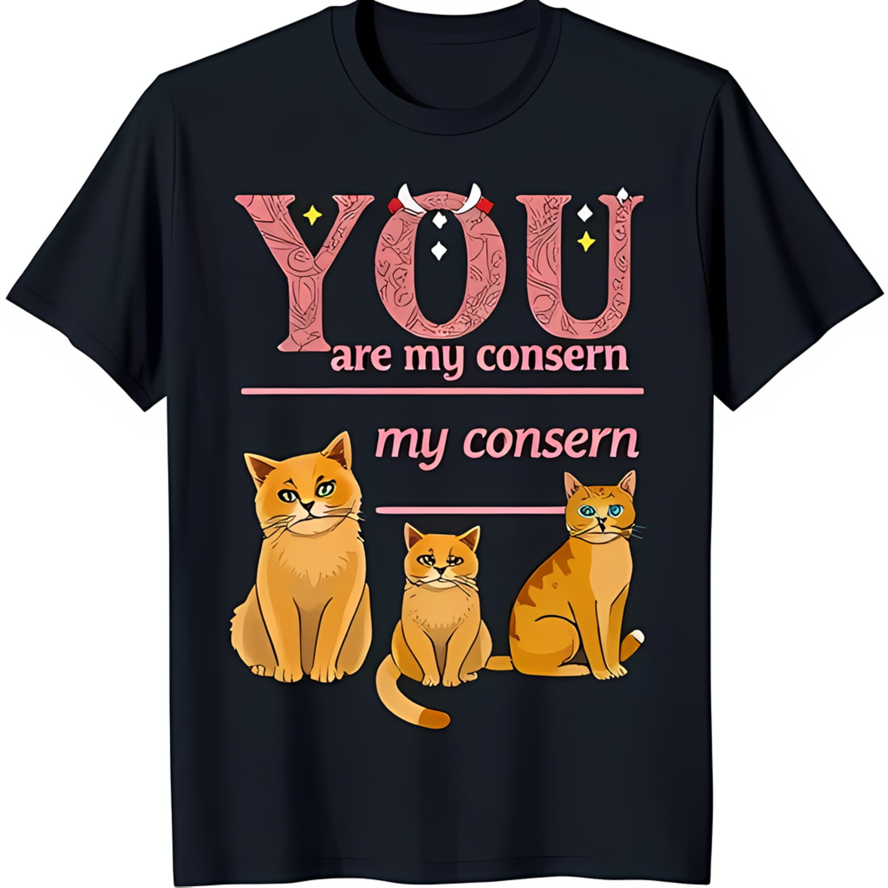 Black TShirt with Pink 'You Are My Concern' Graphic & Three Cats
