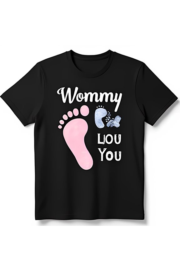 Black T-Shirt with Pink and Blue Graphic 'Mommy Lou You' Design