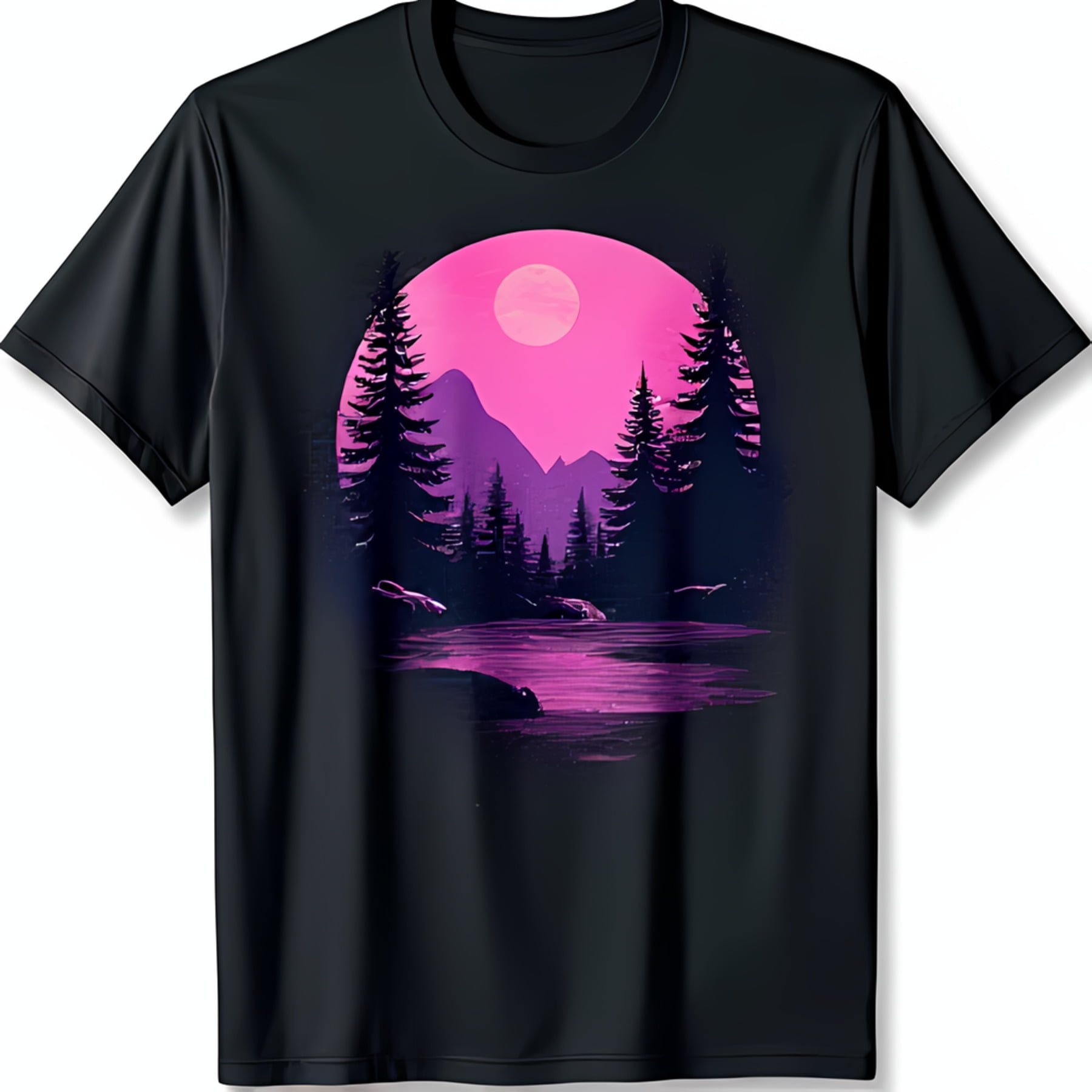 Black TShirt with Pink and Landscape Design Moon Mountains and Pine