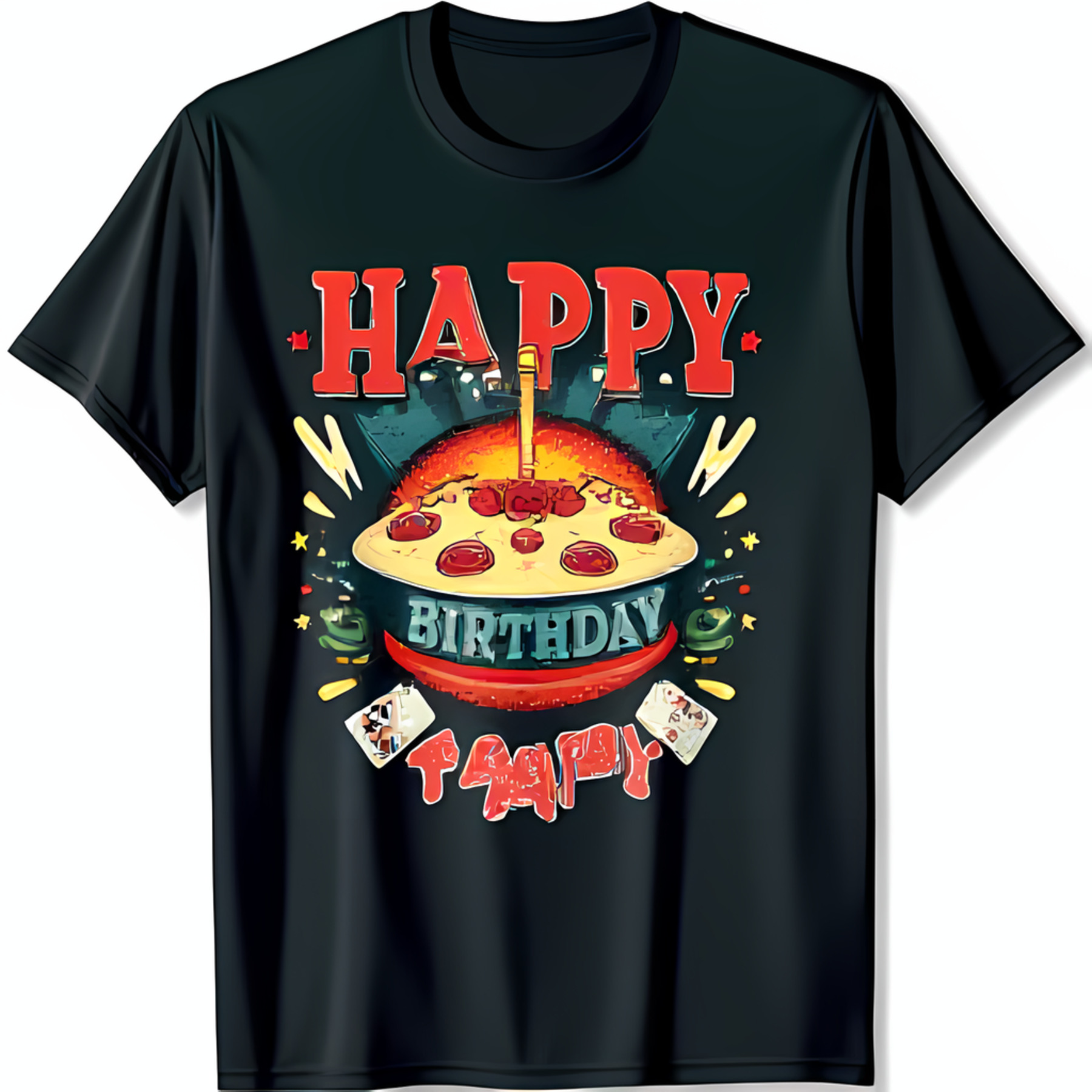 Black TShirt with Pizza and Candle Design Happy Birthday Banner Unique