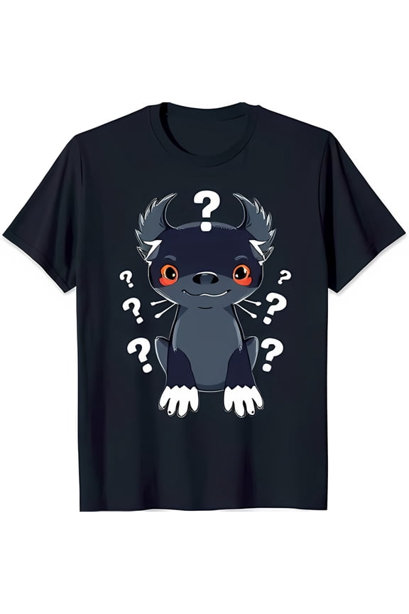 Black T-Shirt with Playful Dark Grey Creature & Whimsical Question Marks