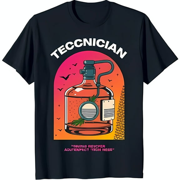 Black T-Shirt with Potion Bottle Graphic Bats & Sunset Design Unique Tech Inspired Tee