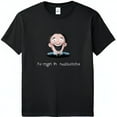 Black T-Shirt with Quirky Character and Cryptic Text Playful and