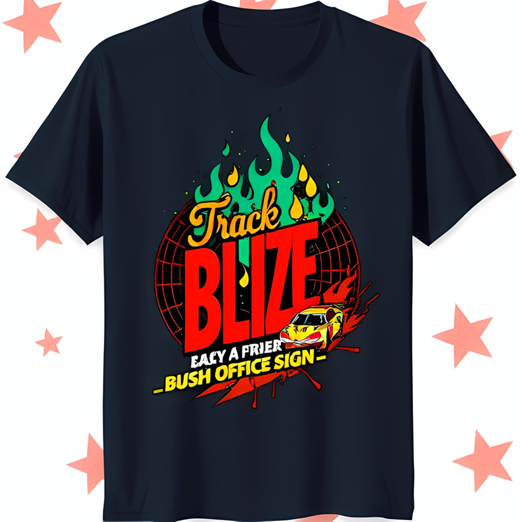 Black TShirt with Race Car on Fire Graphic 'Track Blaze' Design