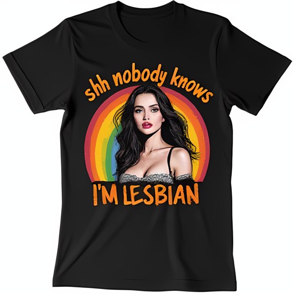 Black T-Shirt with Rainbow Graphic & Bold Shh Nobody Knows I m Lesbian Design