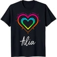 thumbnail image 1 of Black T-Shirt with Rainbow Heart Design and 'Alia' Name Geometric Pattern, 1 of 5