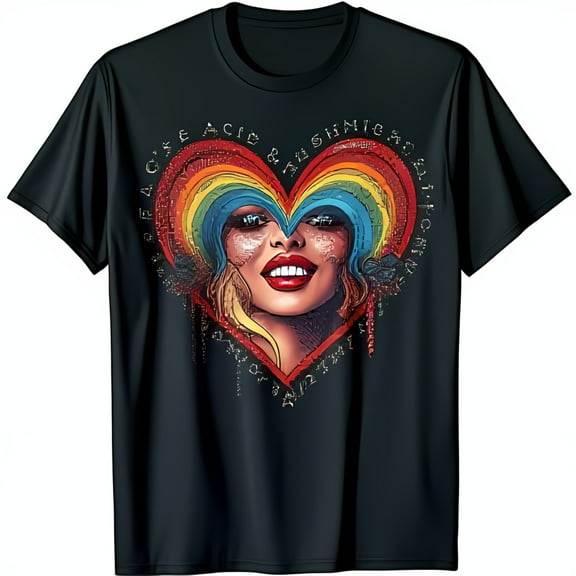 Black T-Shirt with Rainbow Heart Graphic & Smiling Woman's Face Design