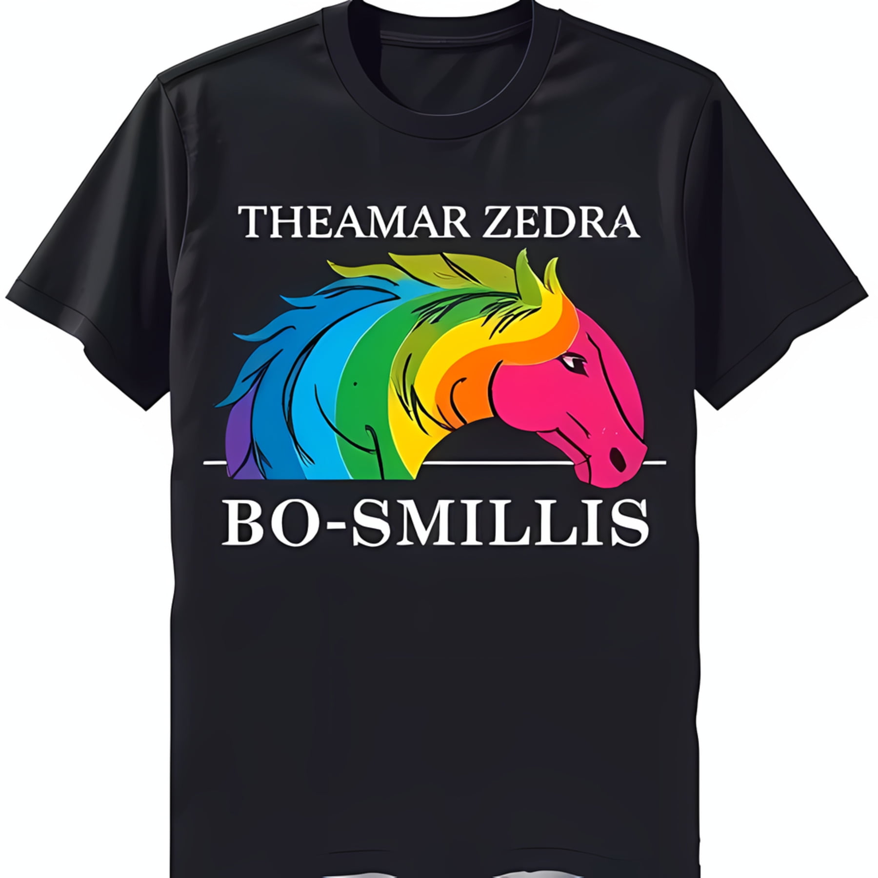 Black TShirt with Rainbow Horse Head Graphic 'THEAMAR ZEDRA' & 'BO