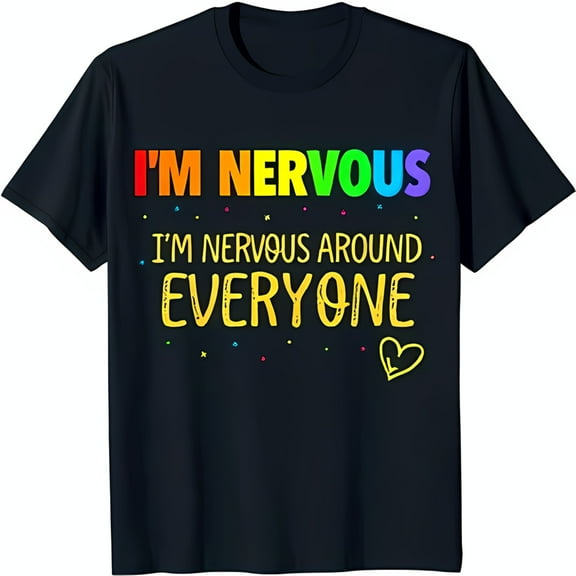 Black T-Shirt with Rainbow 'I'M NERVOUS' Phrase & Colorful Dots Design