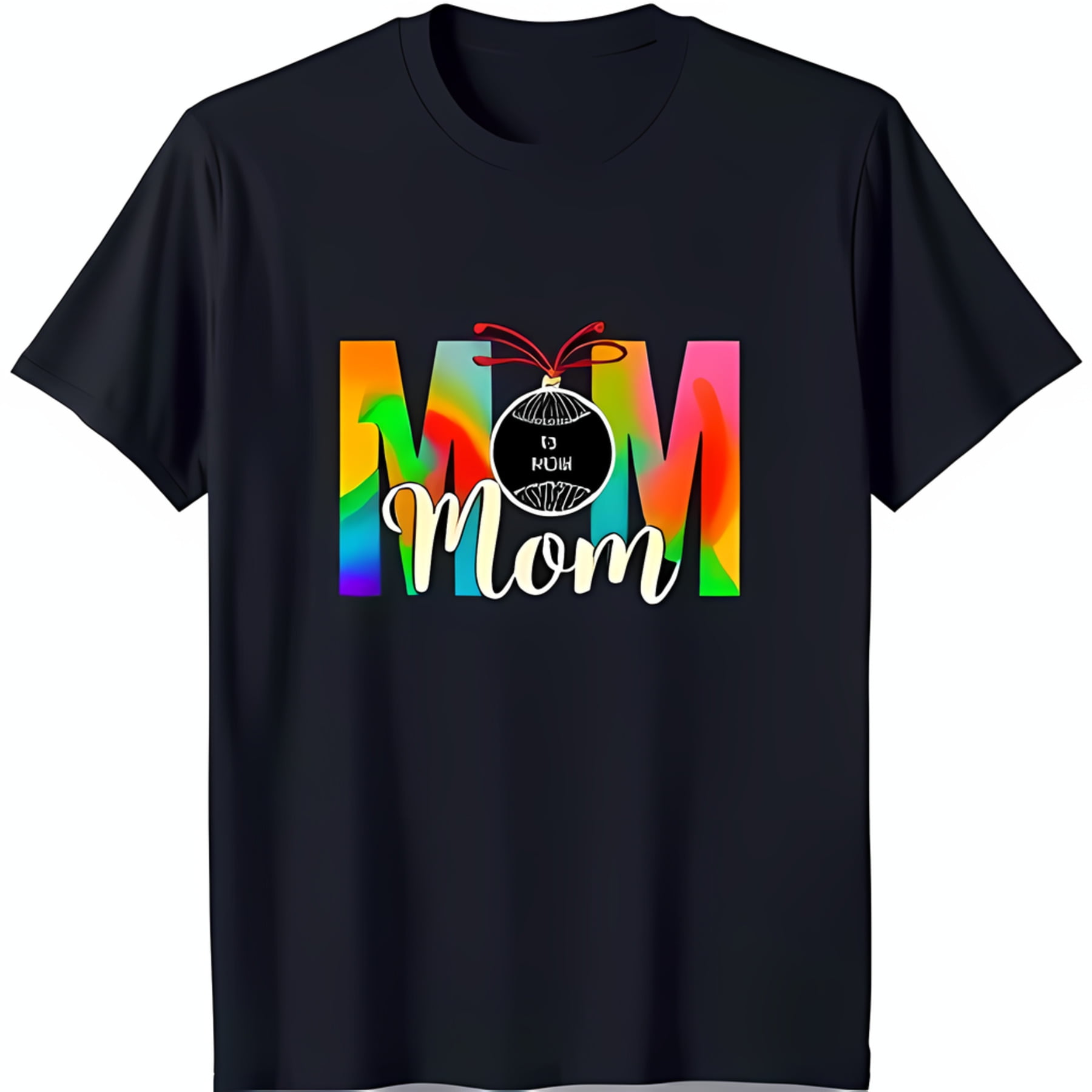 Black TShirt with Rainbow 'MOM' Block Letters & Ornate Ornament Design