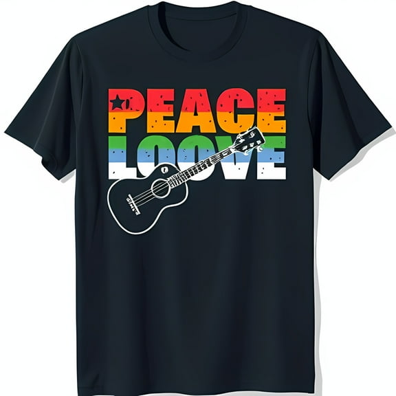Black T-Shirt with Rainbow 'PEACE LOVE' Graphic & for Music Lovers