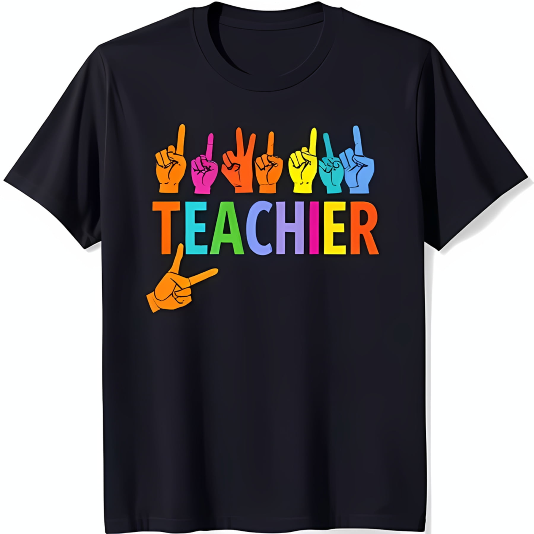 Black T-Shirt with Rainbow 'TEACHER' in Sign Language Eye Catching Neck ...