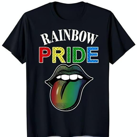 Black T-Shirt with Rainbow Tongue Graphic & 'Rainbow Pride' Text