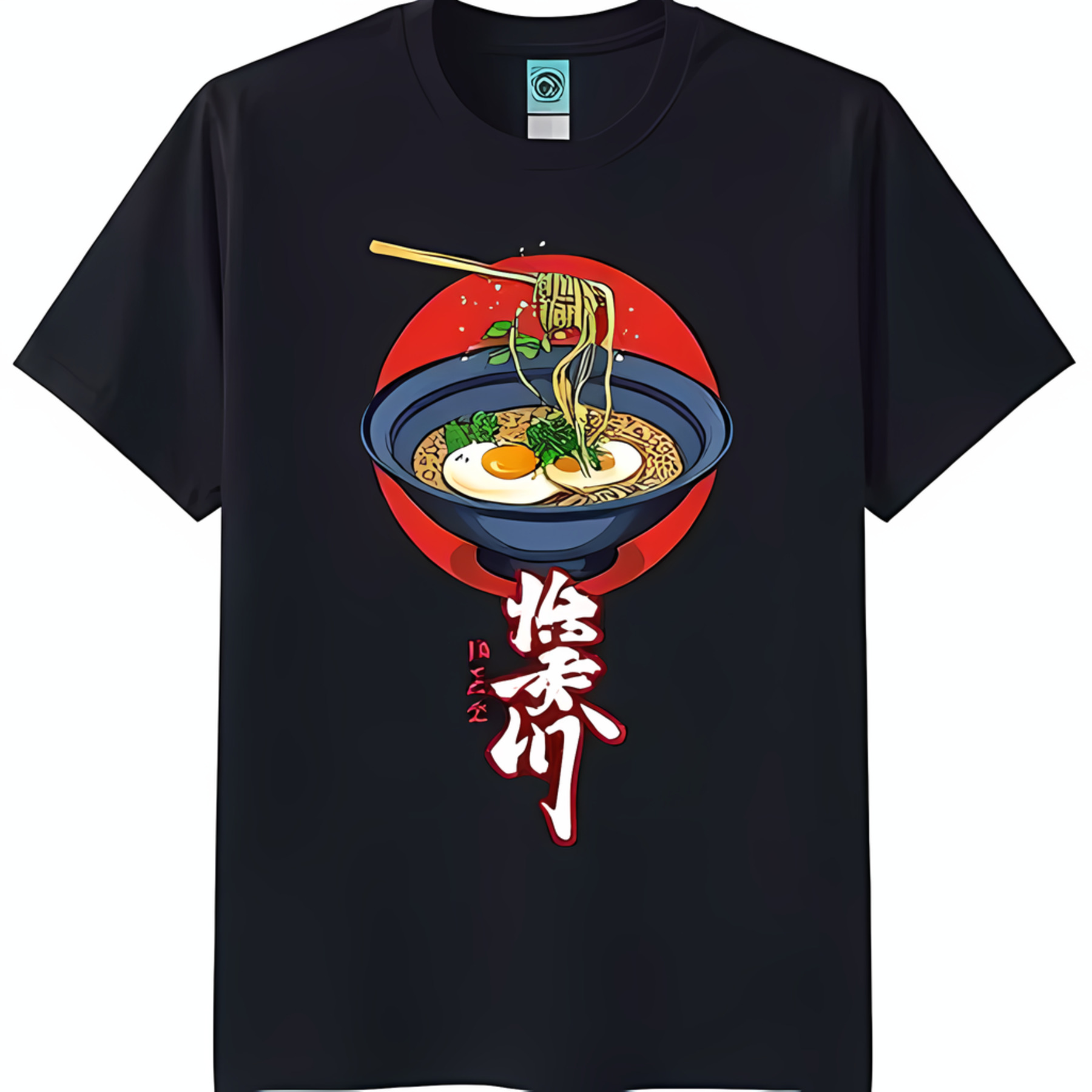 Black TShirt with Ramen Graphic Chopsticks Eggs & Japanese Characters