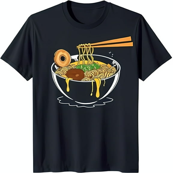 Black T-Shirt with Ramen Noodles Graphic Narutomaki & Chopsticks Design