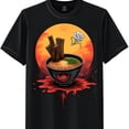 thumbnail image 1 of Black T-Shirt with Ramen Noodles Graphic Red Sun & Flower Design, 1 of 5