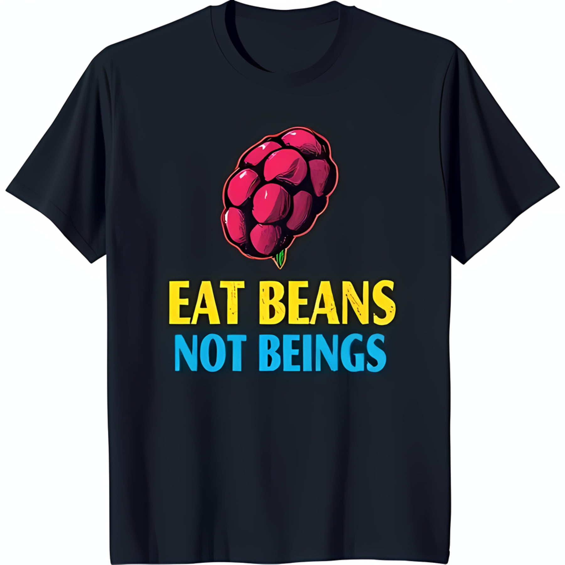 Black TShirt with Raspberry Graphic 'EAT BEANS NOT BEINGS' Design