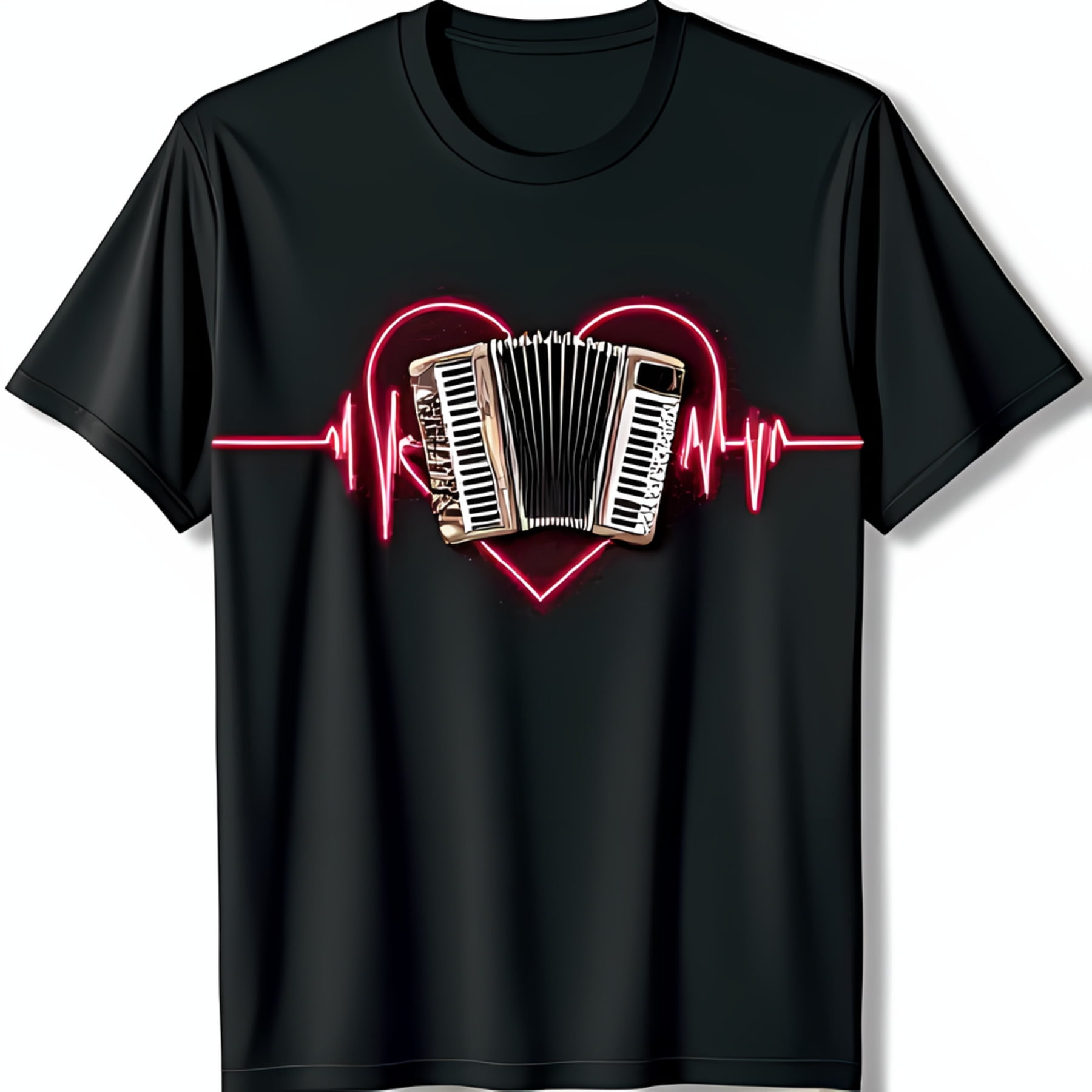 Black TShirt with Red & Accordion Graphic EKG Line Design