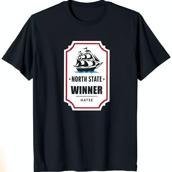 Black T-Shirt with Red Border Design Featuring Ship with Red Sails 'North State Winner' & 'Natee'