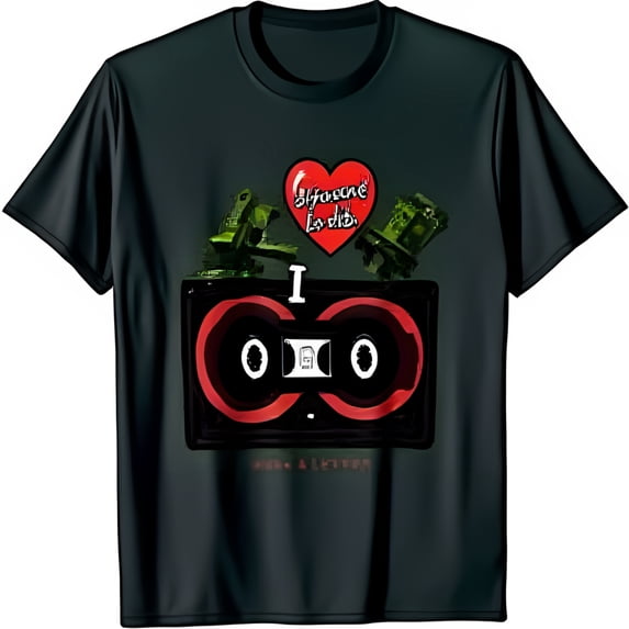 Black T-Shirt with Red Cassette Tape Graphic & Heart Design Music & Letters