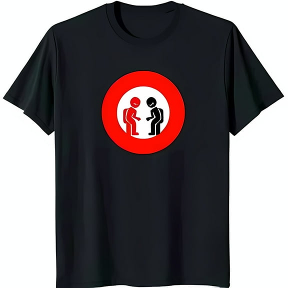 Black T-Shirt with Red Circle Design Featuring Red and Black Stick Figures