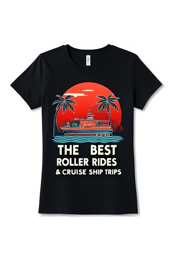 Black T-Shirt with Red Cruise Ship Graphic & Sunset Scene for Cruise & Lovers