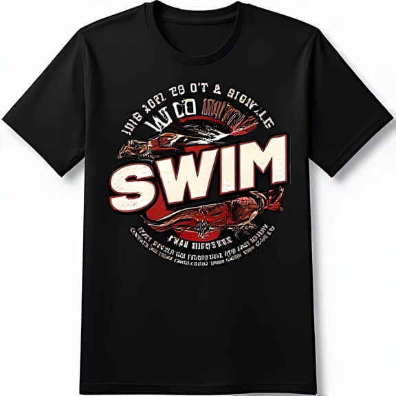 Black T-Shirt with Red Fish Graphic and 'Swim' Text Unique Design
