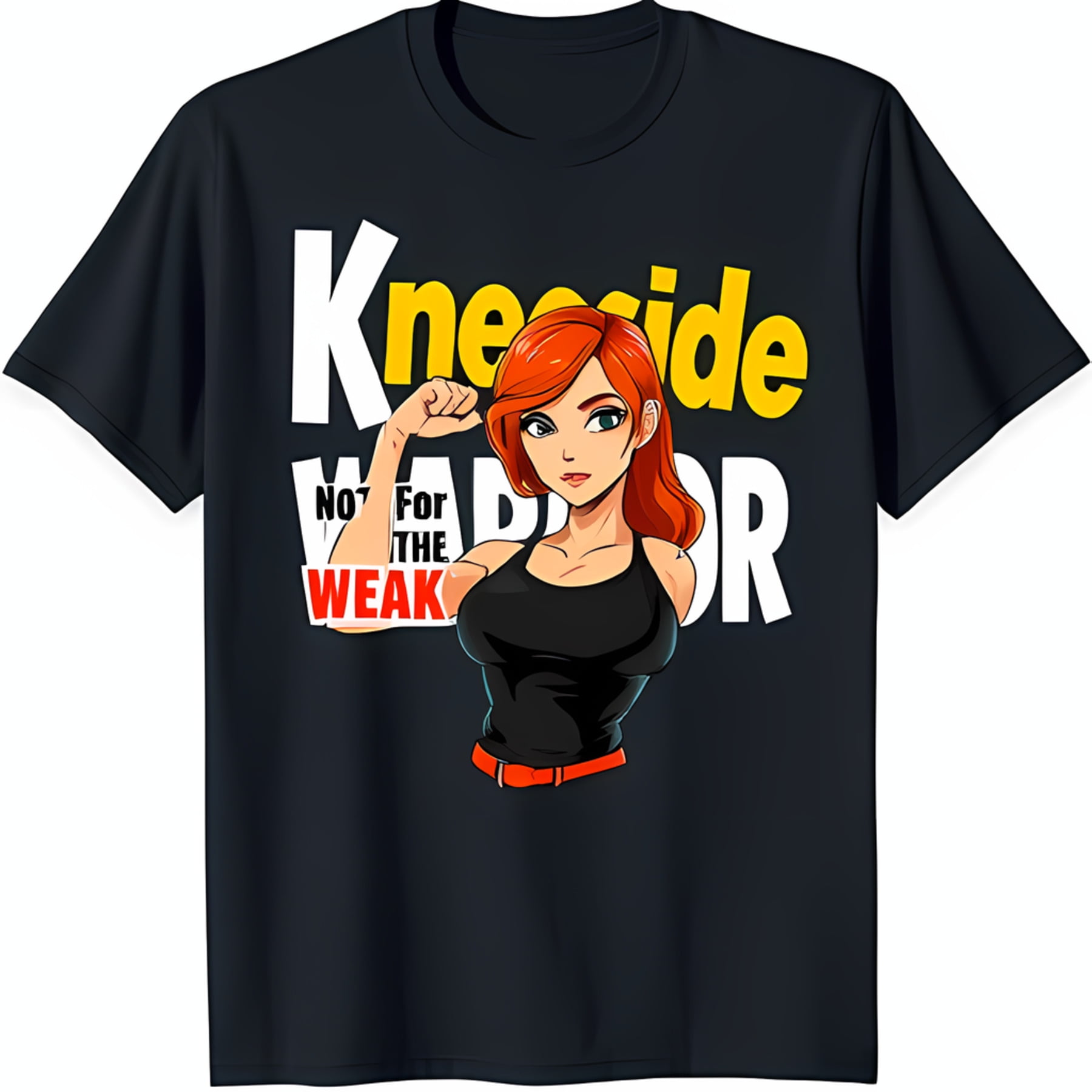 Black T-Shirt with Red Headed Cartoon Flexing Bicep 'Knee side Not For