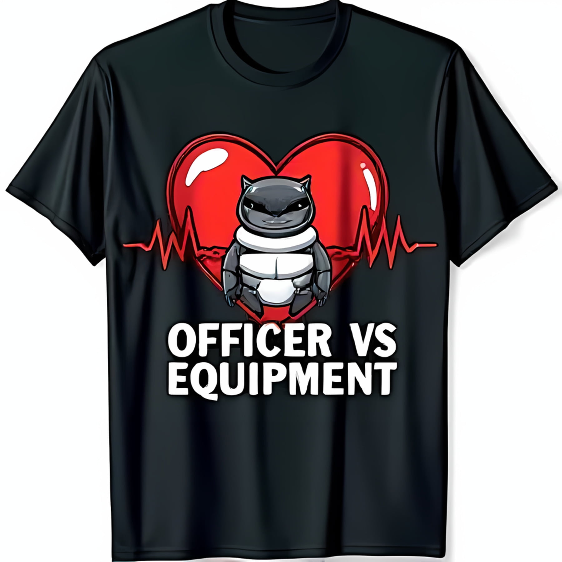 Black TShirt with Red Heart Design Cartoon Character & EKG Line