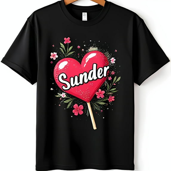 Black T-Shirt with Red Heart Lollipop Graphic & Colorful Floral Design Sunder