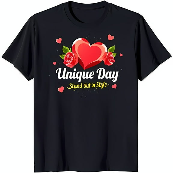 Black T-Shirt with Red Heart & Roses Graphic 'Unique Day' Design Stand Out in Style